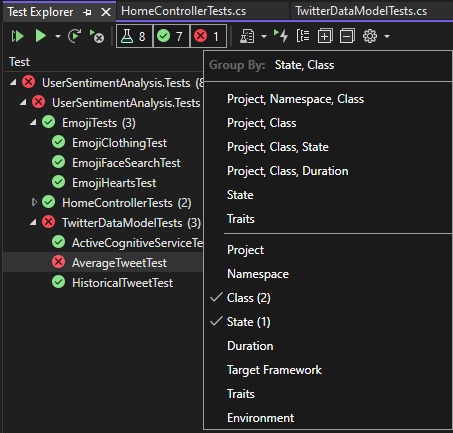 Screenshot of the Visual Studio Test Explorer showing  a test hierarchy in one pane and the Group By menu in the other with the Class and State options checked.