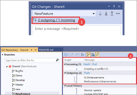 Screenshot of the Git Changes window and the Git Repository window in Visual Studio 2019, with a 'view incoming and outgoing commits' procedure overlay.