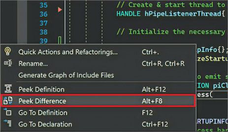 Screenshot of the right-click context menu in Visual Studio where you can select Peek Difference.