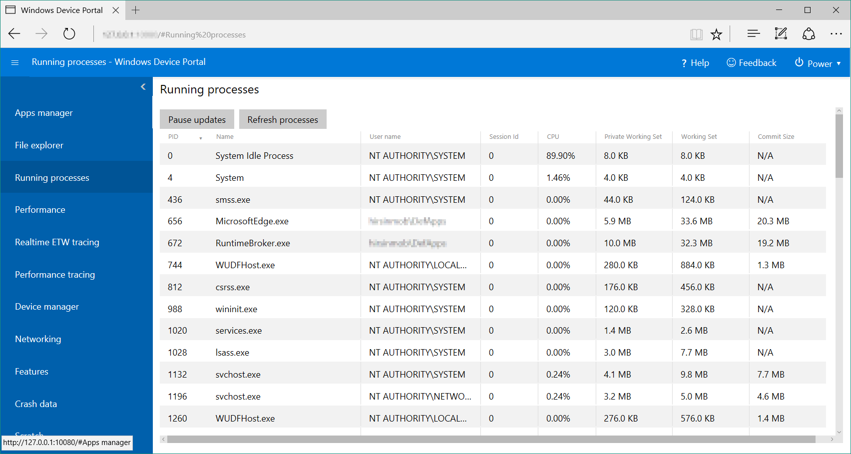 Device Portal Running processes page