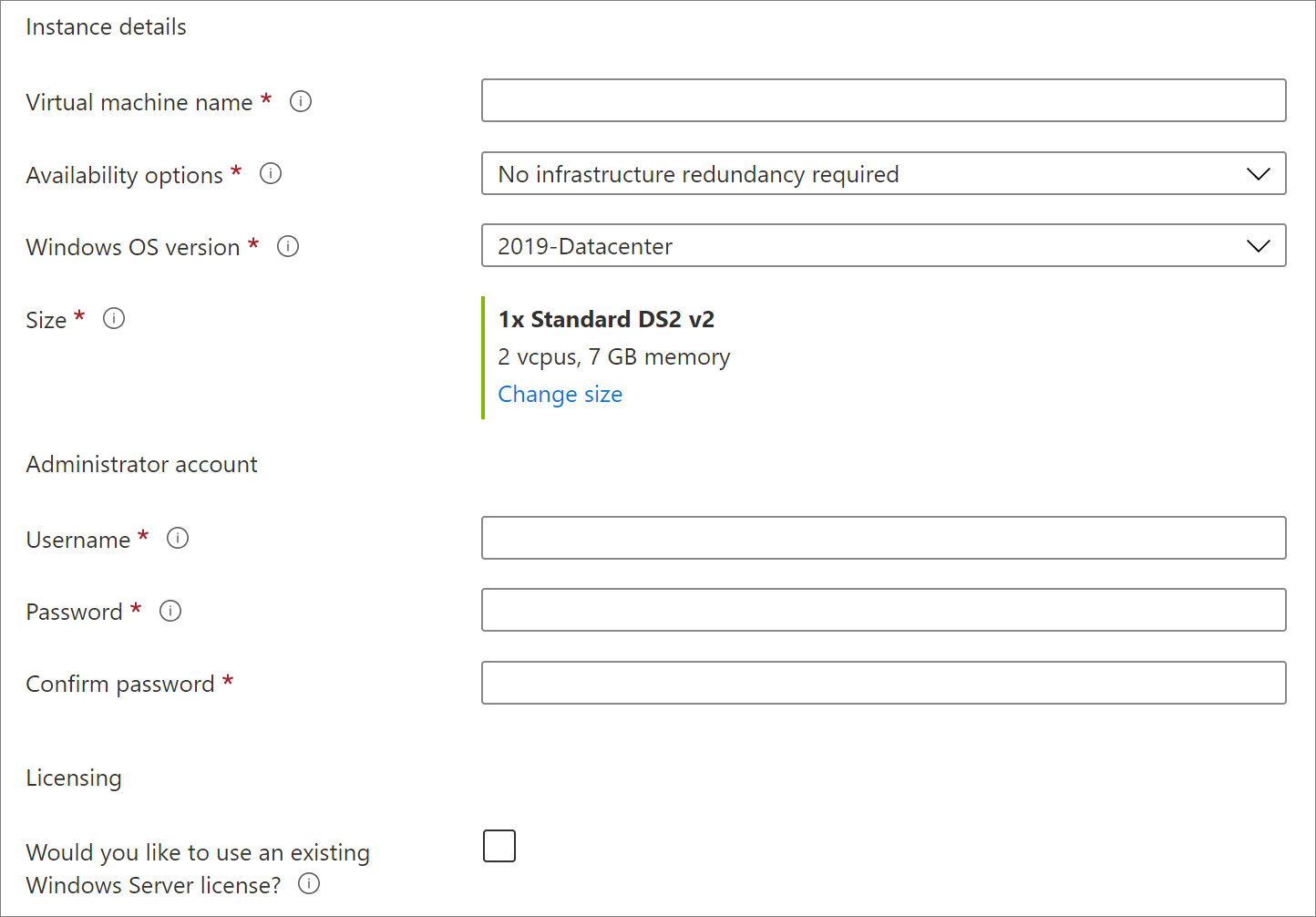 Instance details section where you provide a name for the virtual machine and select its region, image, and size