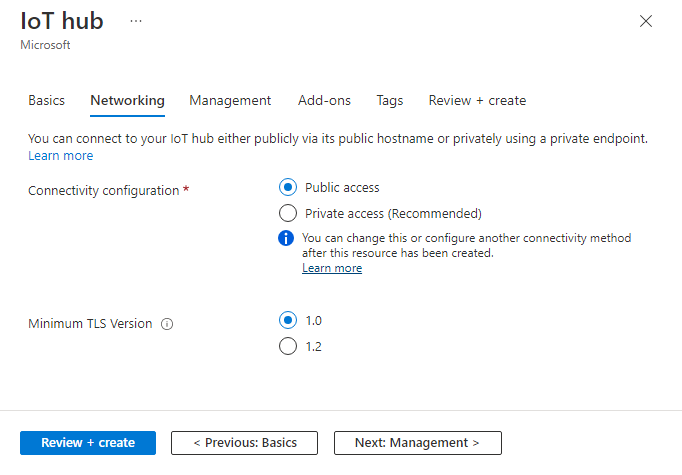 Screen capture that shows how to choose the endpoints that can connect to a new IoT hub.