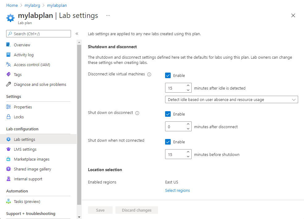 Automatic shutdown setting at lab plan