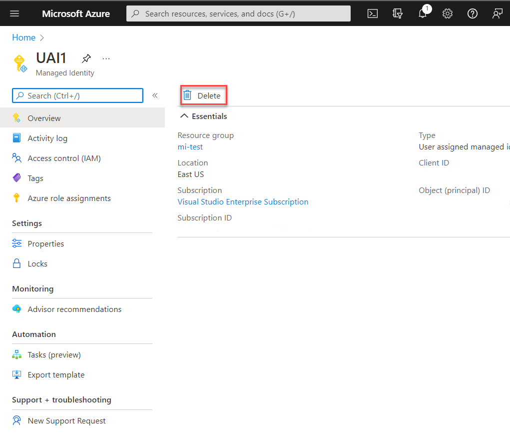 Screenshot that shows the Delete user-assigned managed identities.