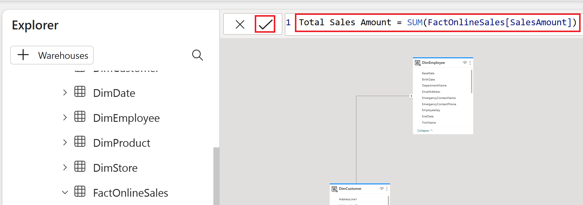 Screenshot of Select the check mark to commit a DAX measure.