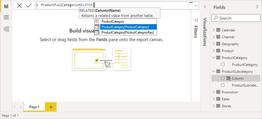 Screenshot of ProductCategory chosen in the Formula bar for the Related function.