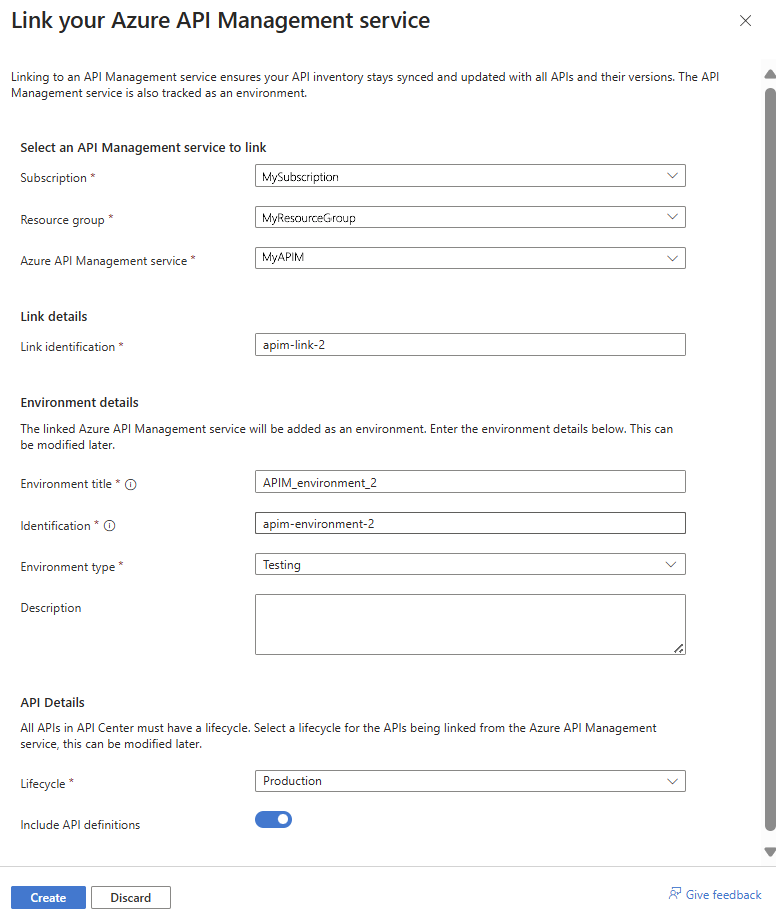 Screenshot of linking an Azure API Management Service in the portal.