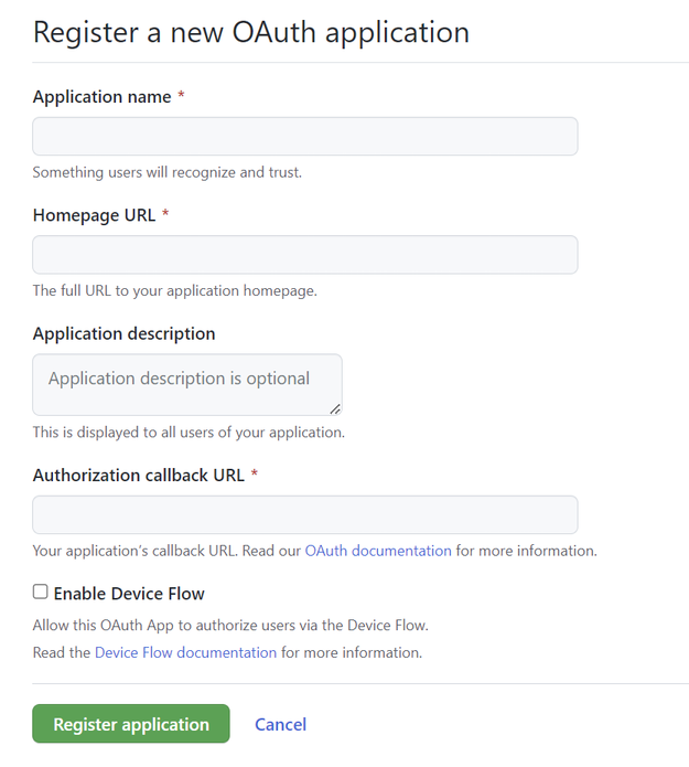 Screenshot of registering a new OAuth application in GitHub.