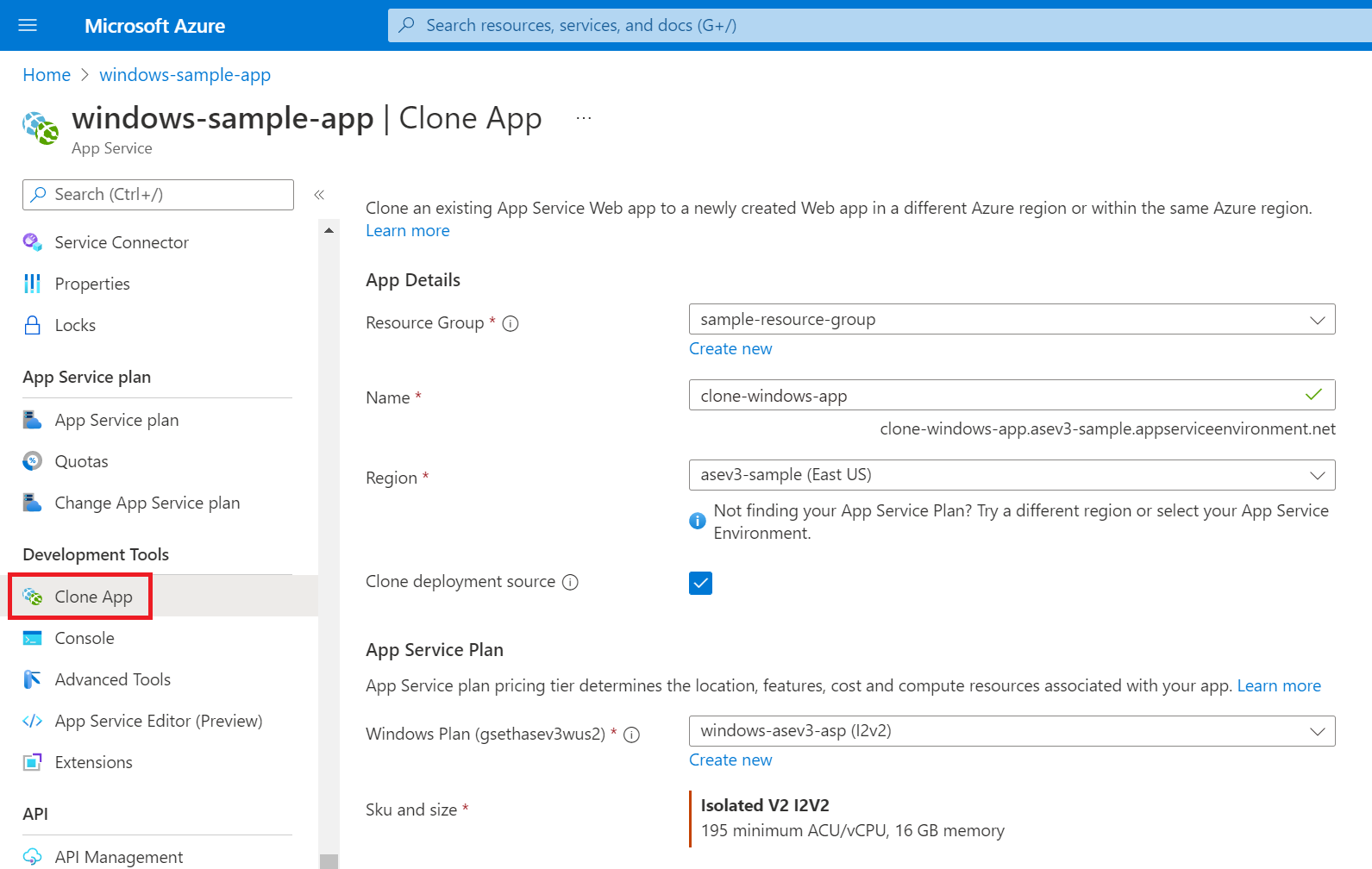 Screenshot that shows options for cloning an app to App Service Environment v3 by using the portal.