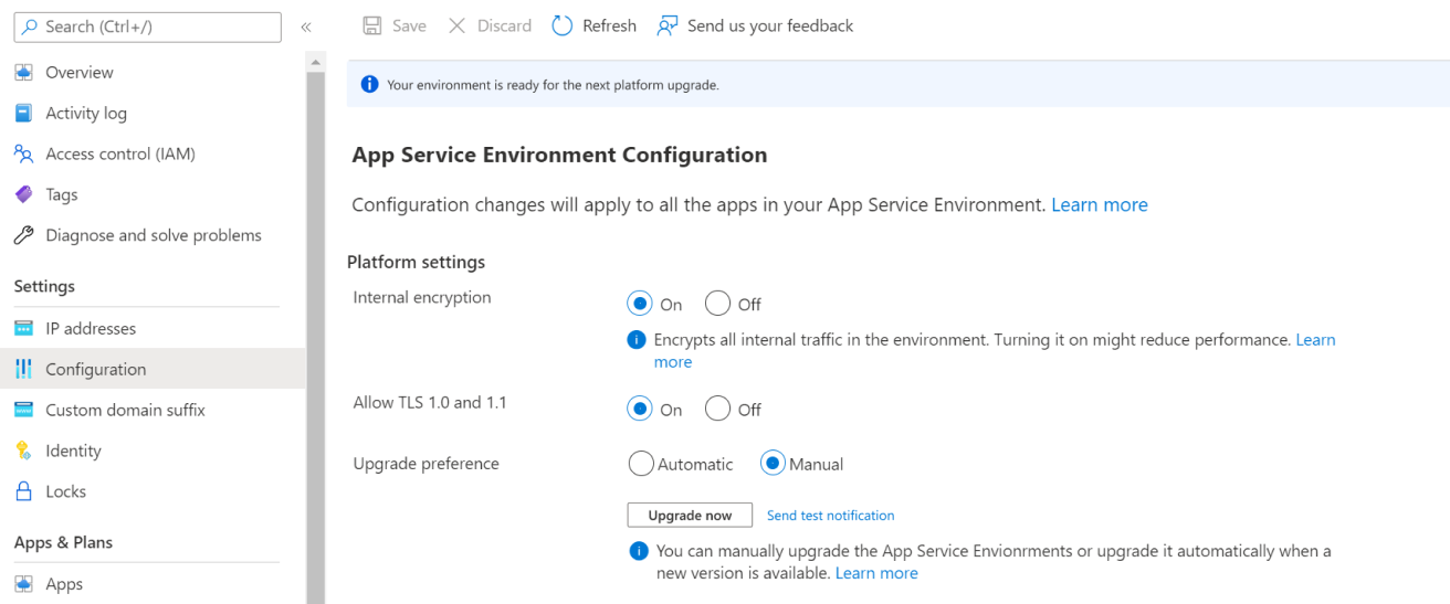 Screenshot of a configuration pane to start the upgrade for the App Service Environment.