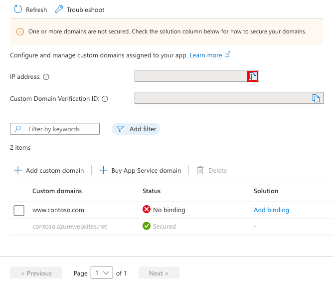 A screenshot showing how to copy the App Service app's external IP address.