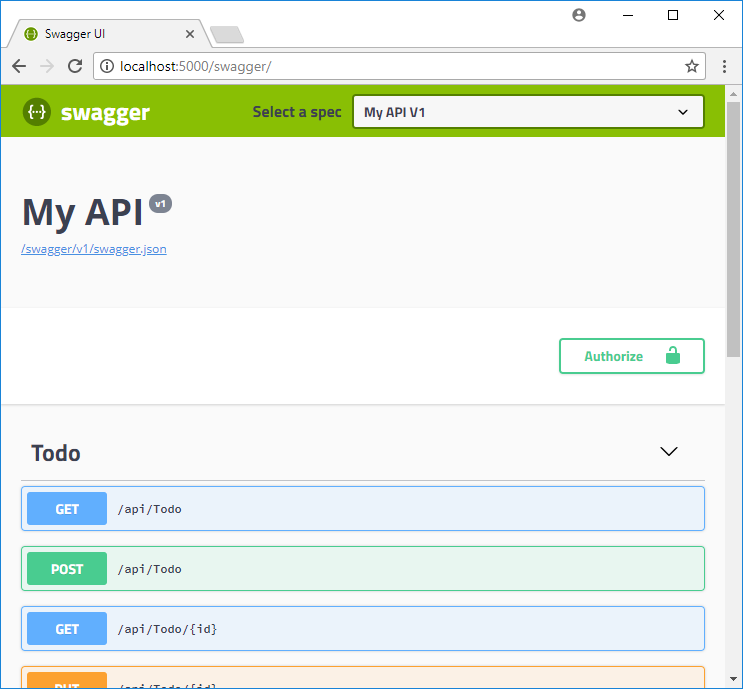 Screenshot of an ASP.NET Core API running locally.