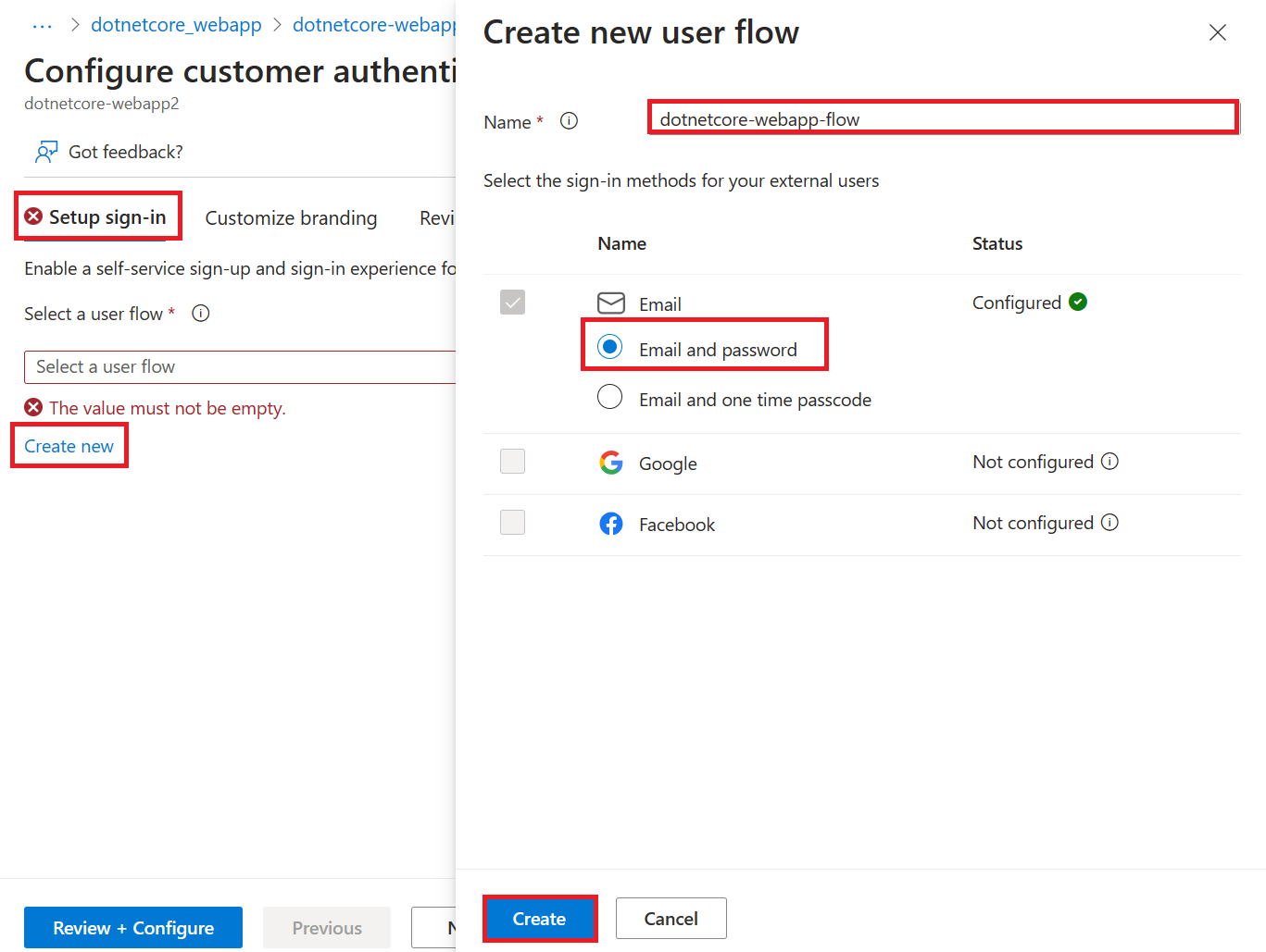 Screenshot that shows creating a user flow.