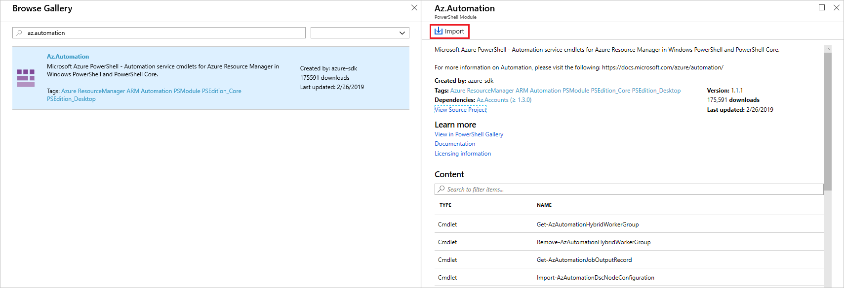 Screenshot of importing a PowerShell Gallery module from the Azure portal