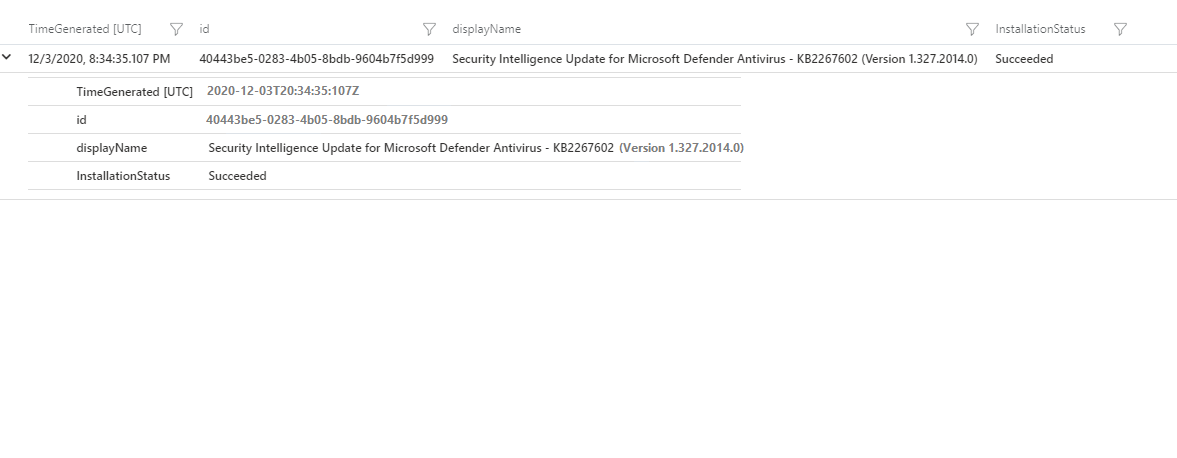 Example showing results of log query from UpdatesRunProgress table.