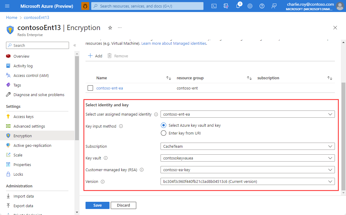 Screenshot showing the select identity and key fields completed for Encryption.