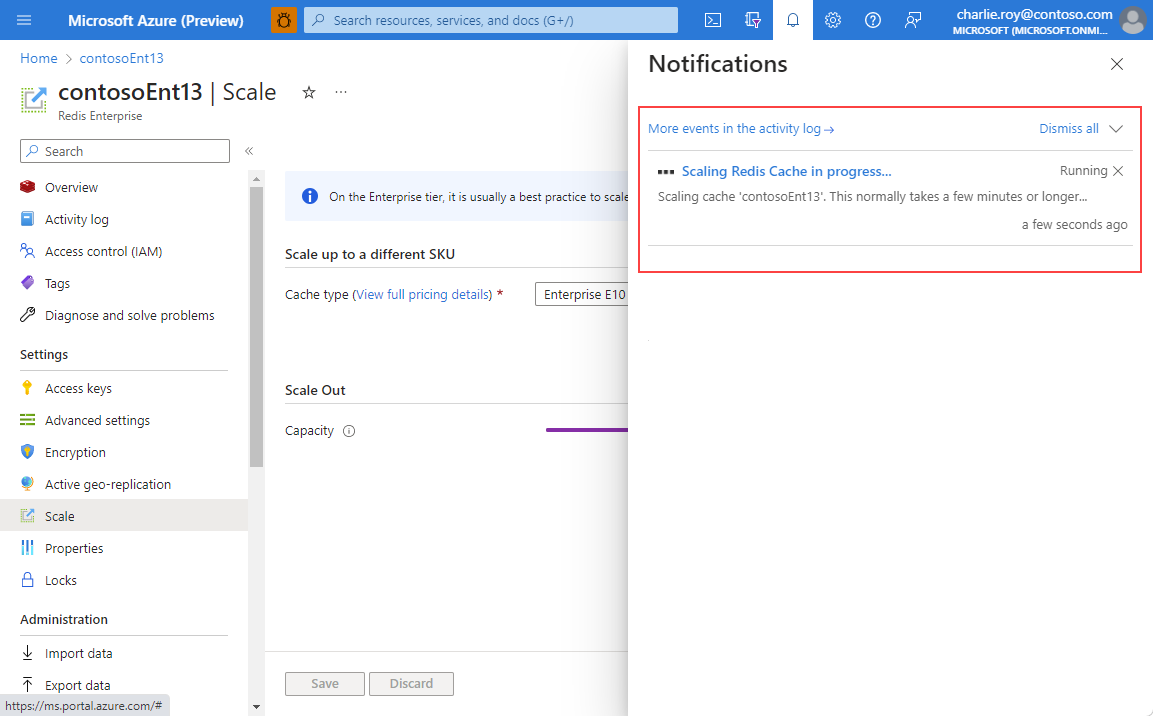 Screenshot showing notification of scaling an Enterprise cache.