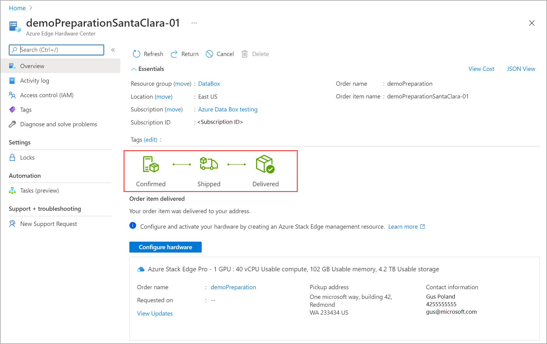 Screenshot showing how to view order status for the created Edge Hardware Center order.