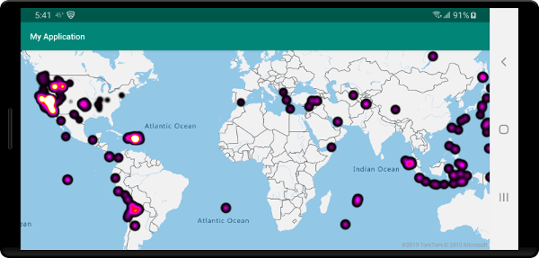 Map with custom heat map layer of recent earthquakes