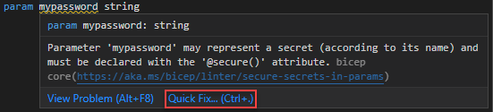 Screenshot that shows the secured default value for the linter rule Quick Fix.