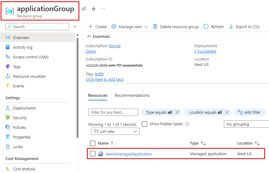 Screenshot that shows the resource group that contains the managed application.