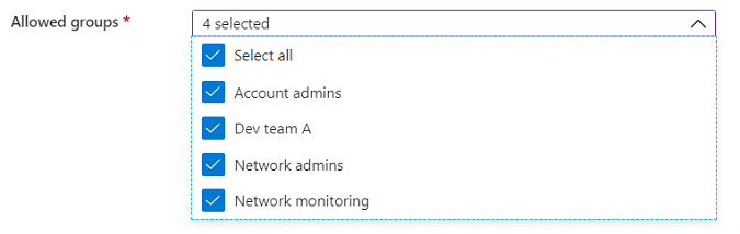 Screenshot of the Microsoft.Common.DropDown UI element with multi-select enabled, including a Select all option.