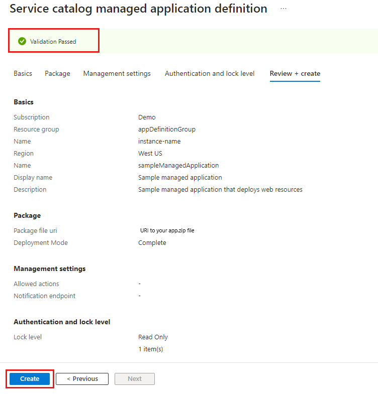 Screenshot of portal that shows validation passed for the managed application definition.