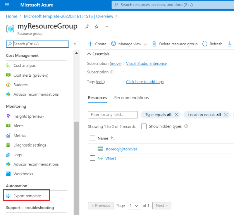 Screenshot of export template option in Azure portal.