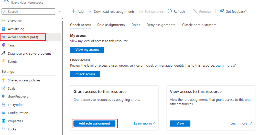 Screenshot of granting access to Event Hubs namespace