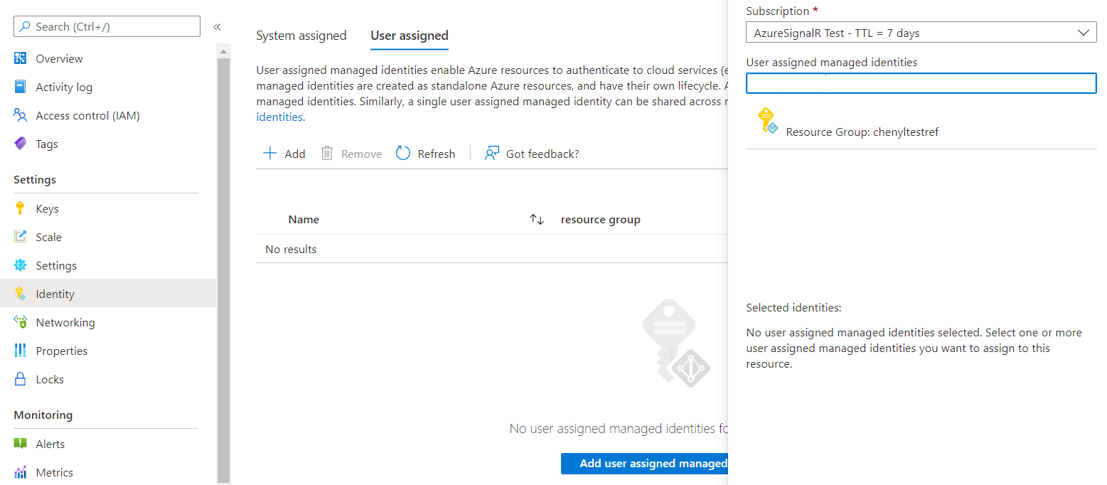 Screenshot that shows adding a user-assigned identity in the Azure portal.