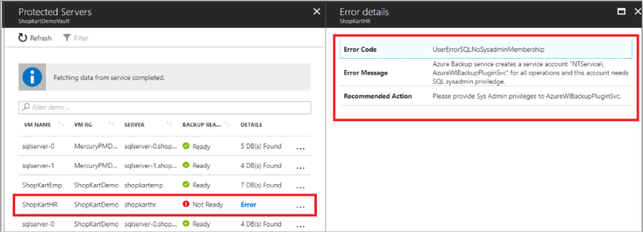 Select the VM and database