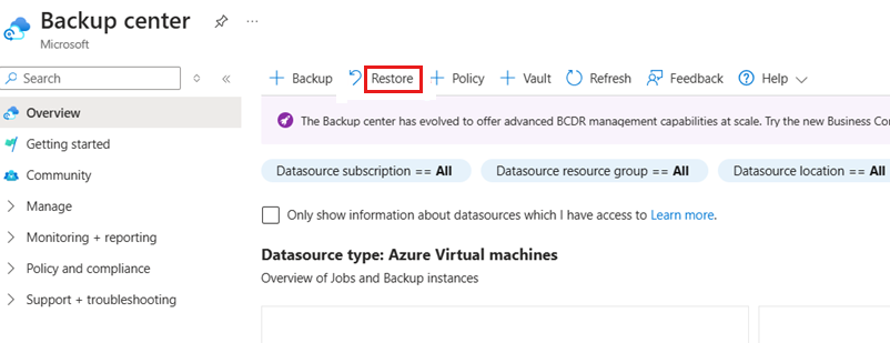 Restore in Backup Center