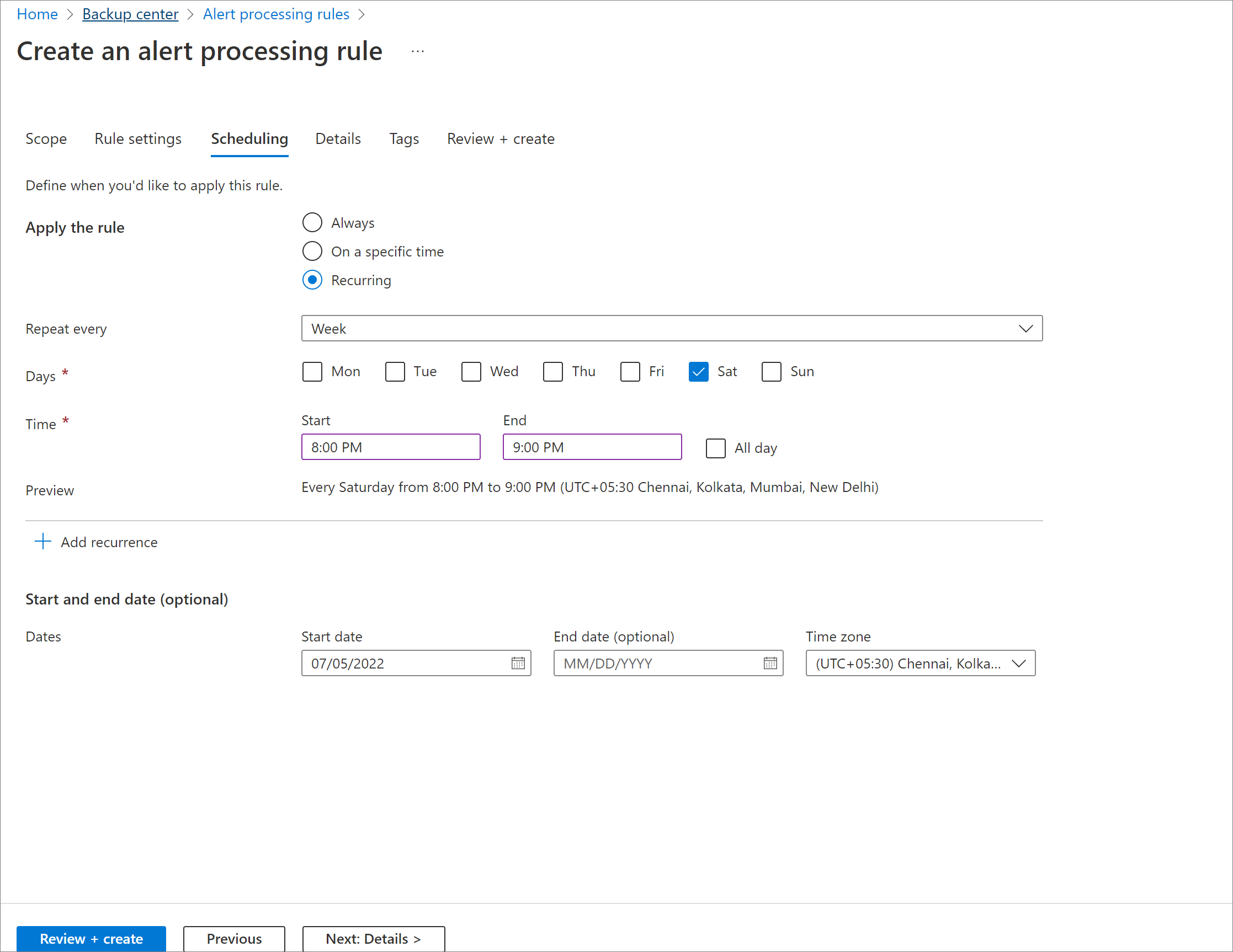 Screenshot showing alert processing rules scheduling.