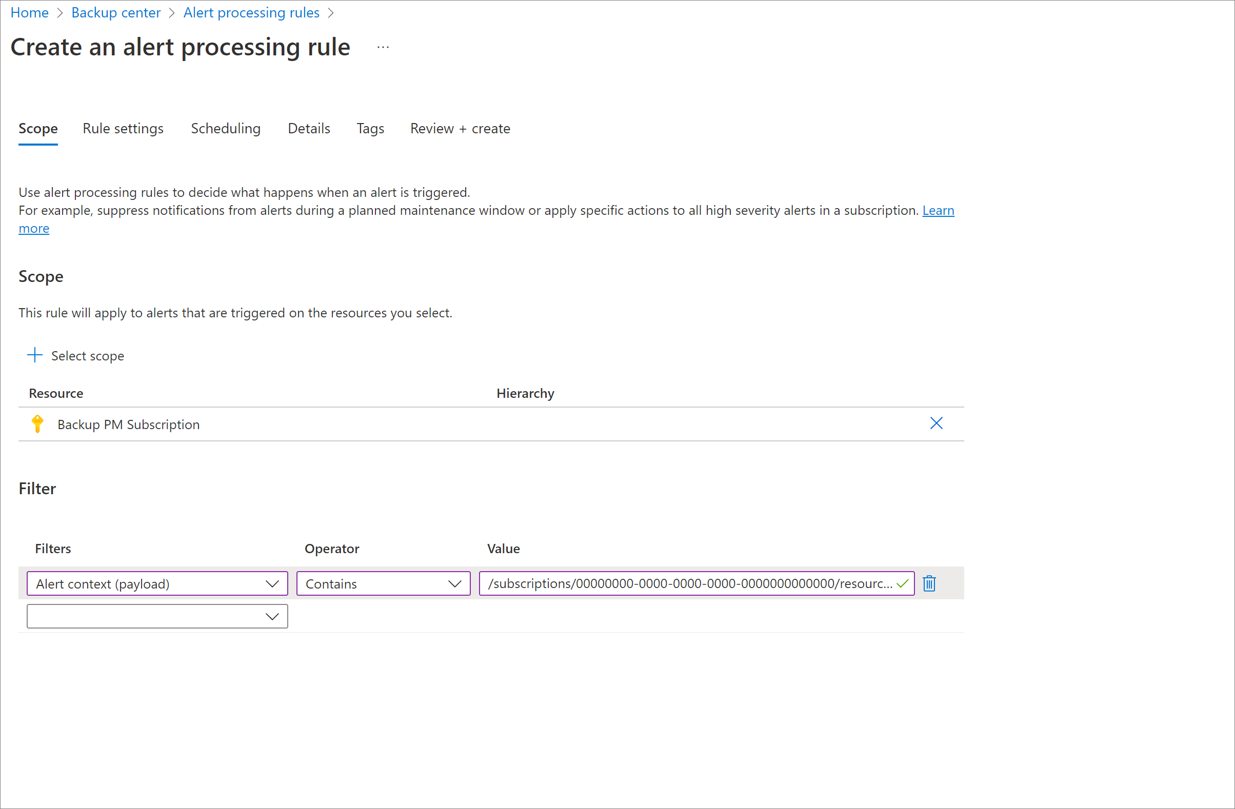 Screenshot showing specified scope of alert processing rule.