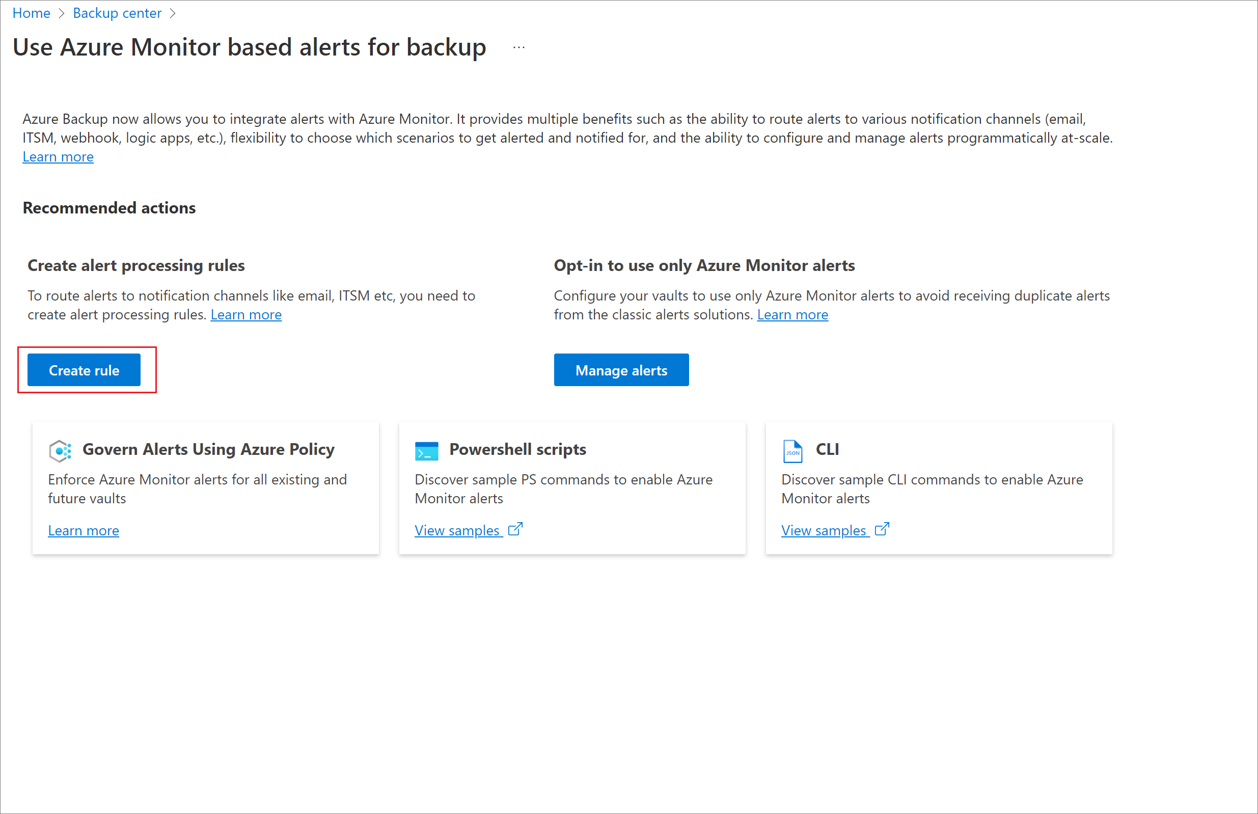 Screenshot showing recommended alert migration action Create rule for Recovery Services vaults.