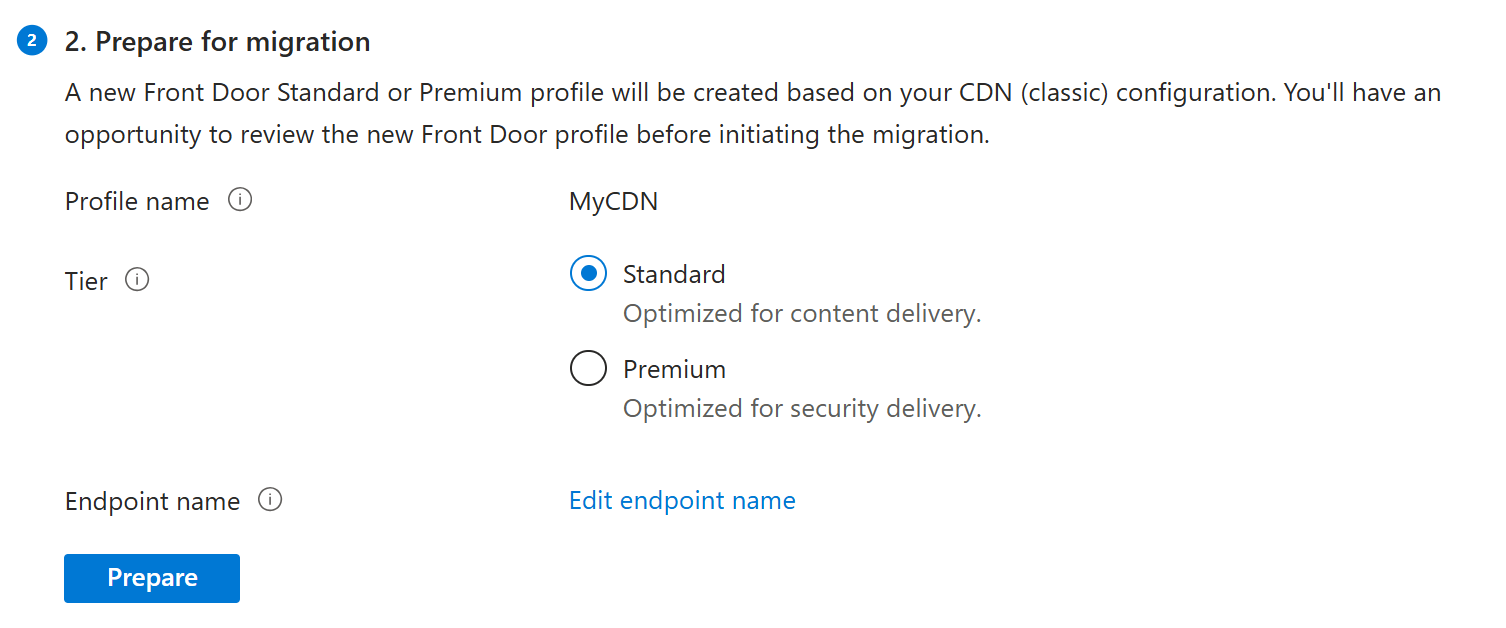 Screenshot of the selected tier for the new Front Door profile.