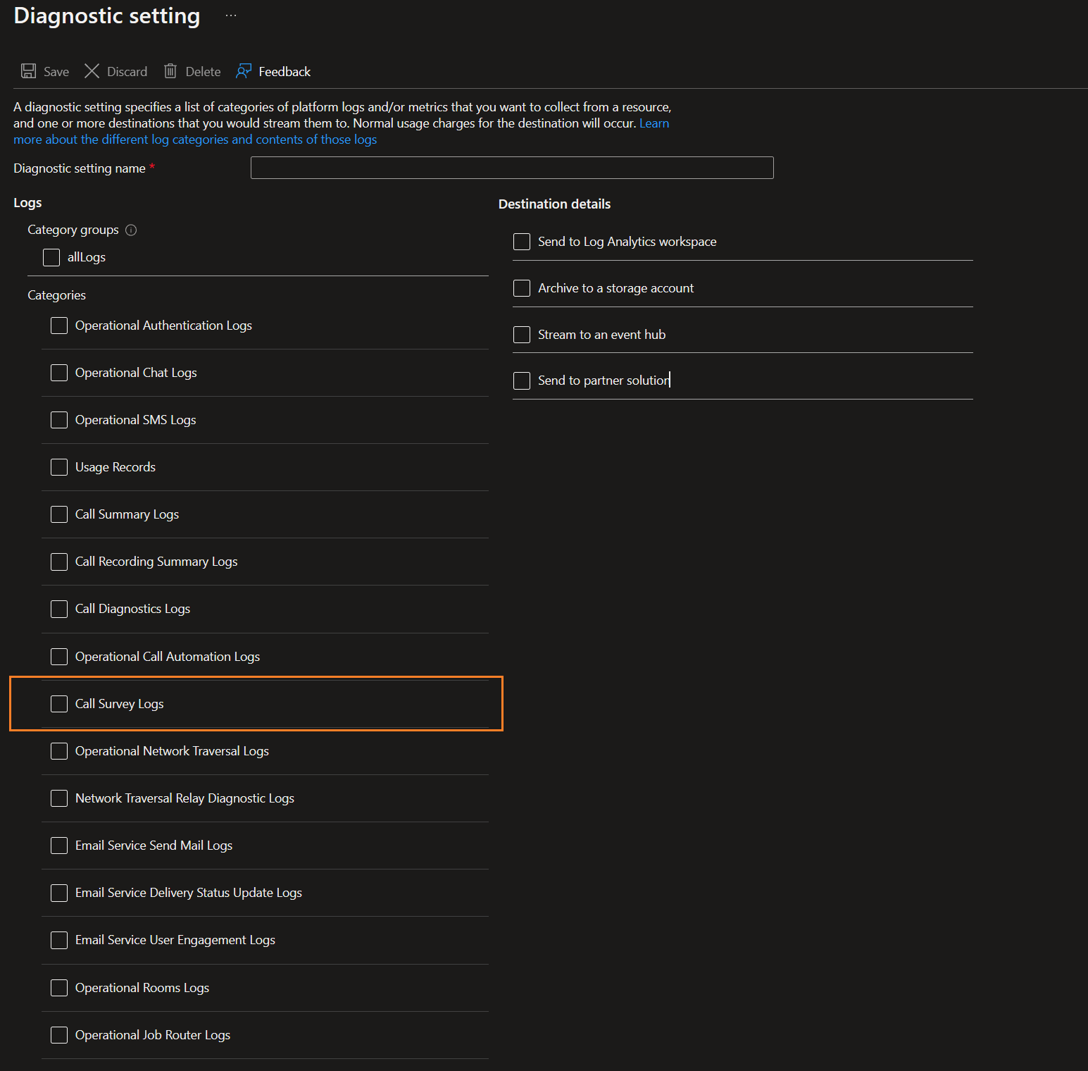 Screenshot of diagnostic settings for call survey.