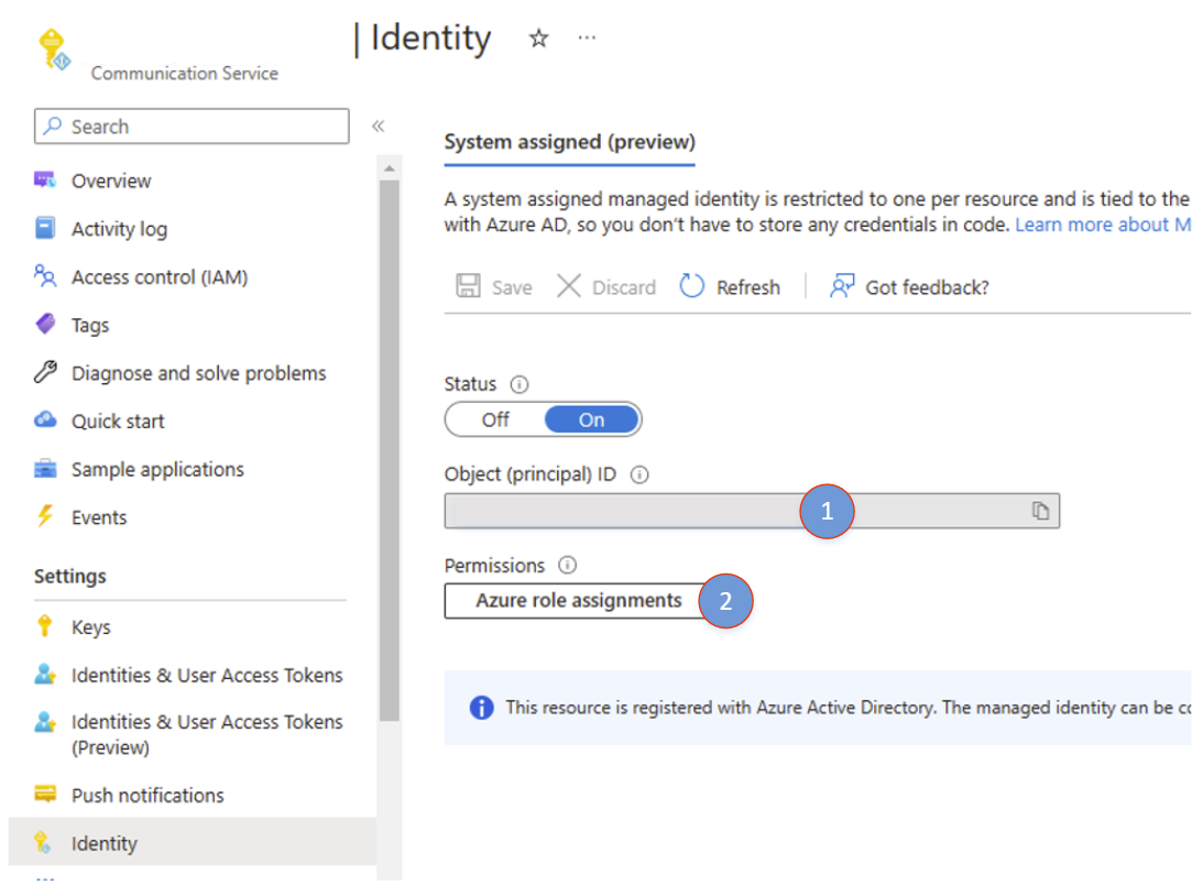 Diagram showing a communication service resource with managed identity enabled