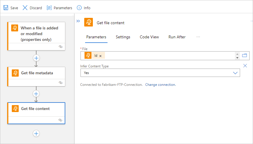 Screenshot shows Standard workflow designer, "Get file content" action, and "File" property set to "Id" action output.