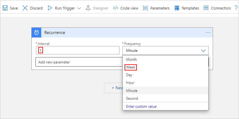 Screenshot for Consumption workflow designer with Recurrence trigger interval and frequency.