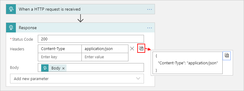 Screenshot showing Azure portal, Consumption workflow, and Response action headers in "Switch to text" view.