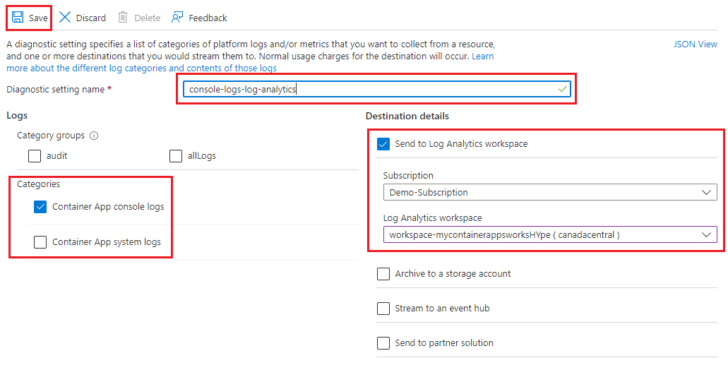 Screenshot diagnostic settings Log Analytics destination.