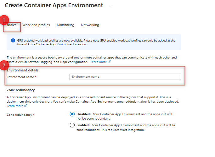 Screenshot of create an Azure Container Apps workload profiles environment window.