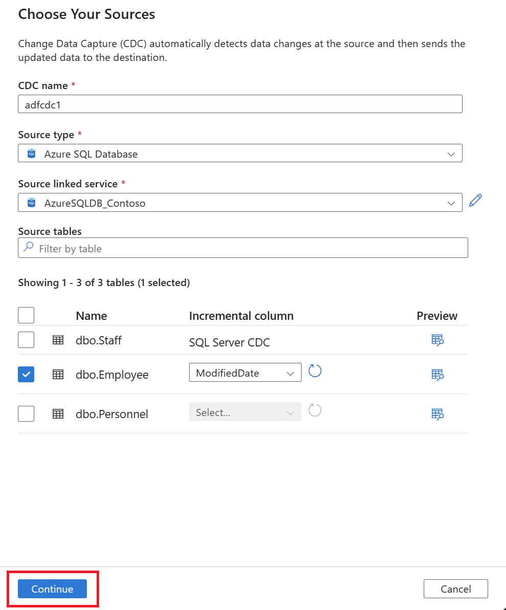 Screenshot of the Continue button in the guided process to select a data target.