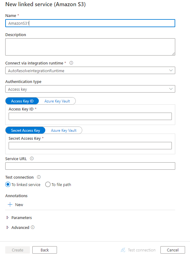 Screenshot of configuration for an Amazon S3 linked service.