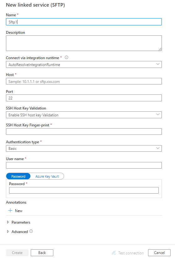 Screenshot of configuration for an SFTP linked service.