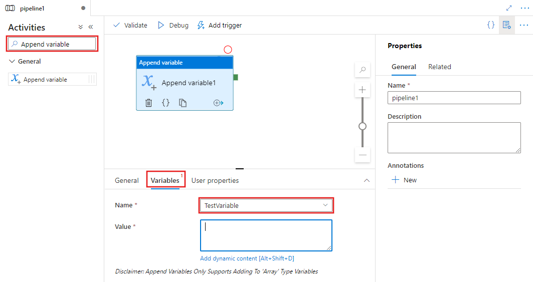 Shows the UI for an Append Variable activity.