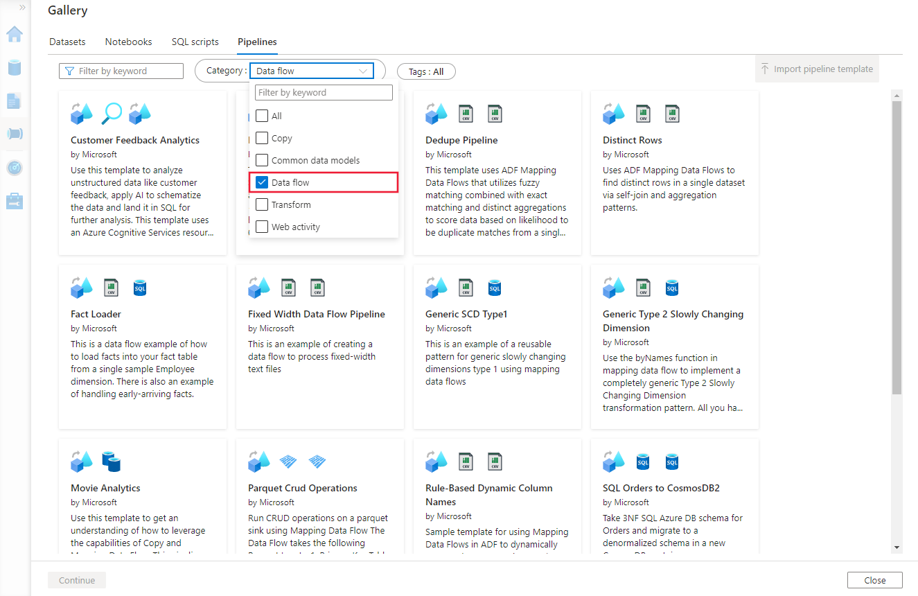 Shows the template gallery filtered for data flows.