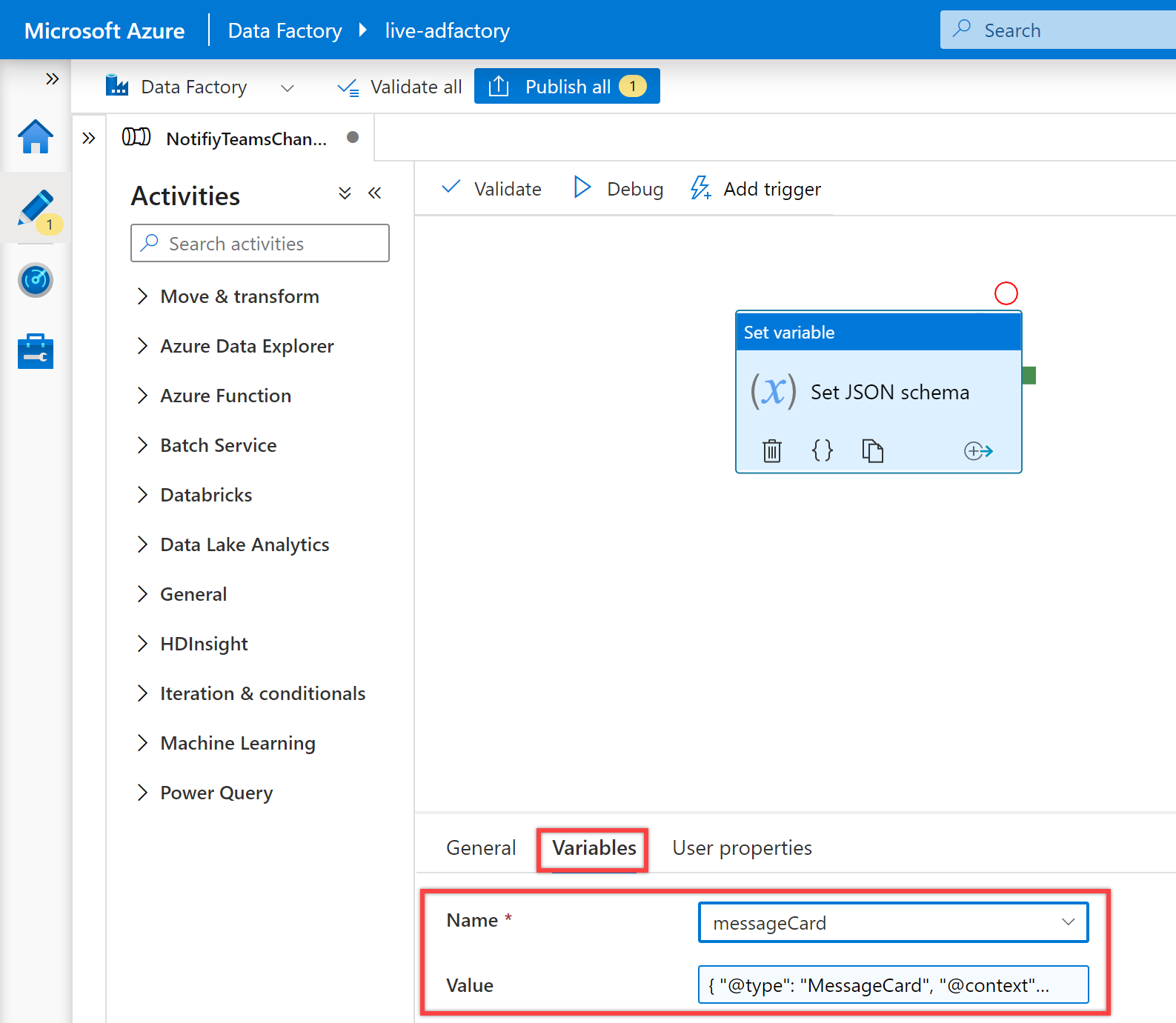 Shows the &quot;Set variable&quot; activity variables tab.