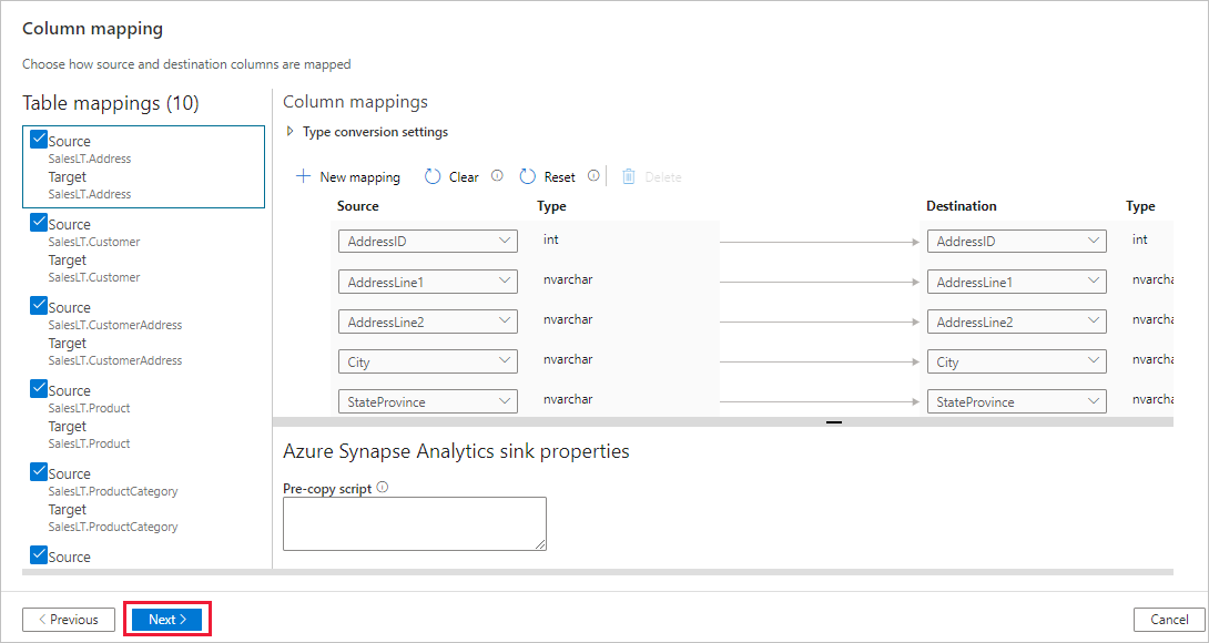 Column mapping page